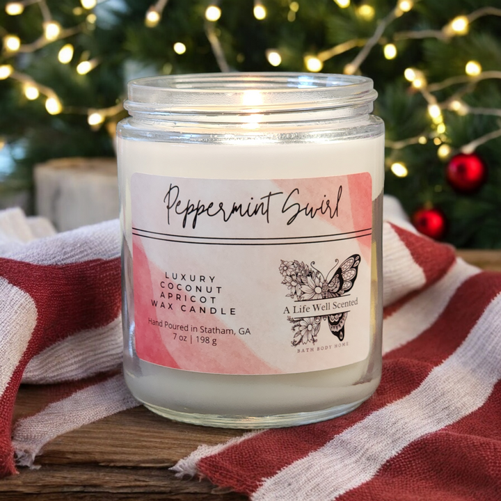 Peppermint Swirl Luxury Scented Candle featuring Coconut Apricot Wax 7 oz