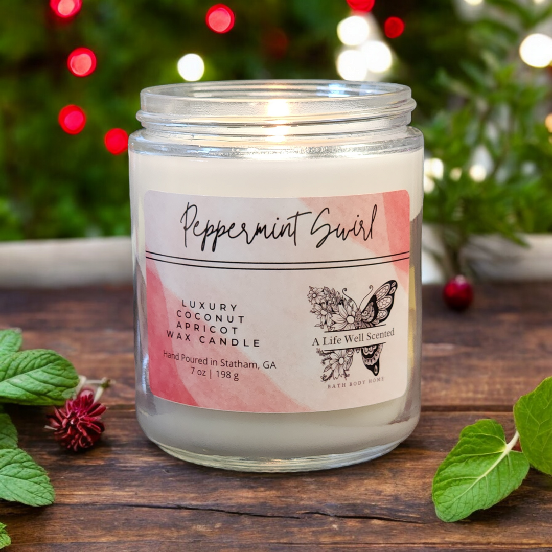 Peppermint Swirl Luxury Scented Candle featuring Coconut Apricot Wax 7 oz