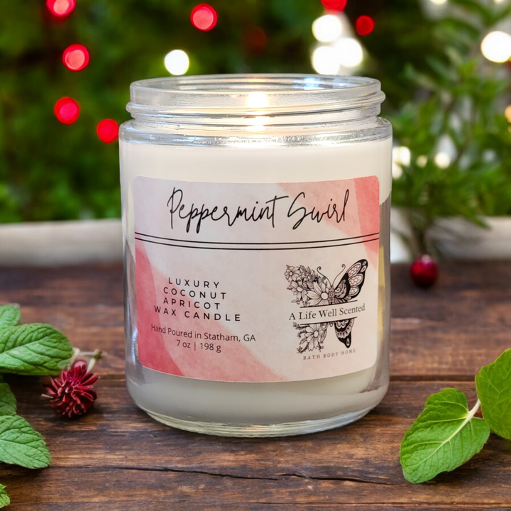 Peppermint Swirl Luxury Scented Candle featuring Coconut Apricot Wax 7 oz