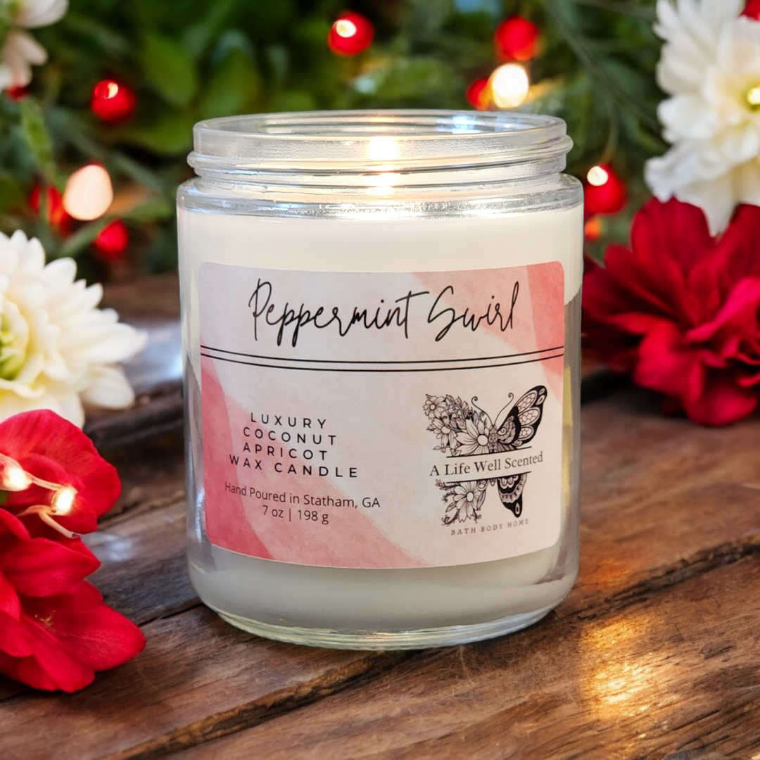 Peppermint Swirl Luxury Scented Candle featuring Coconut Apricot Wax 7 oz