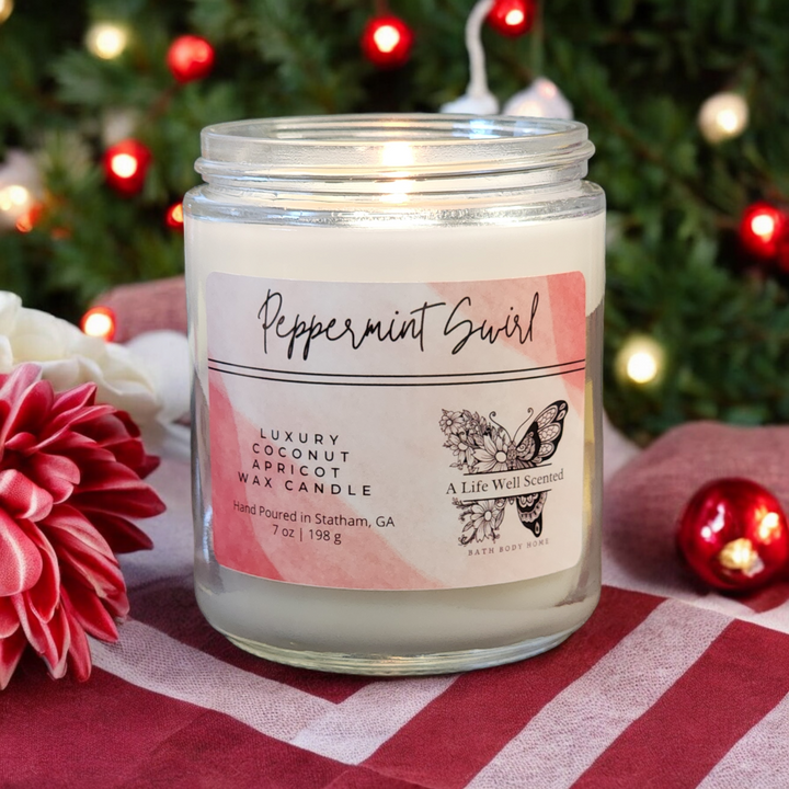 Peppermint Swirl Luxury Scented Candle featuring Coconut Apricot Wax 7 oz