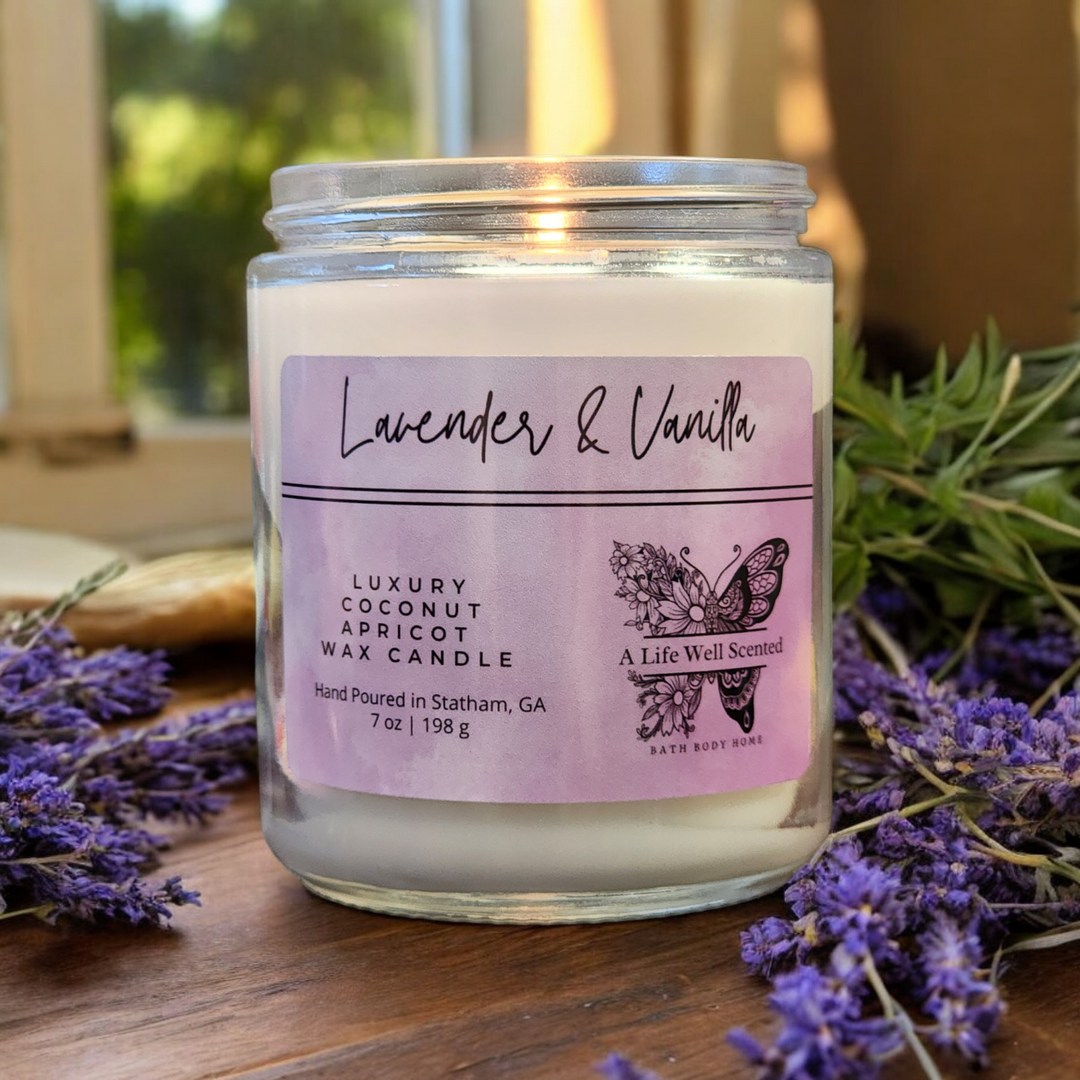 Lavender Vanilla Luxury Scented Candle featuring Coconut Apricot Wax