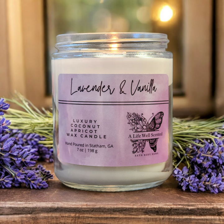 Lavender Vanilla Luxury Scented Candle featuring Coconut Apricot Wax