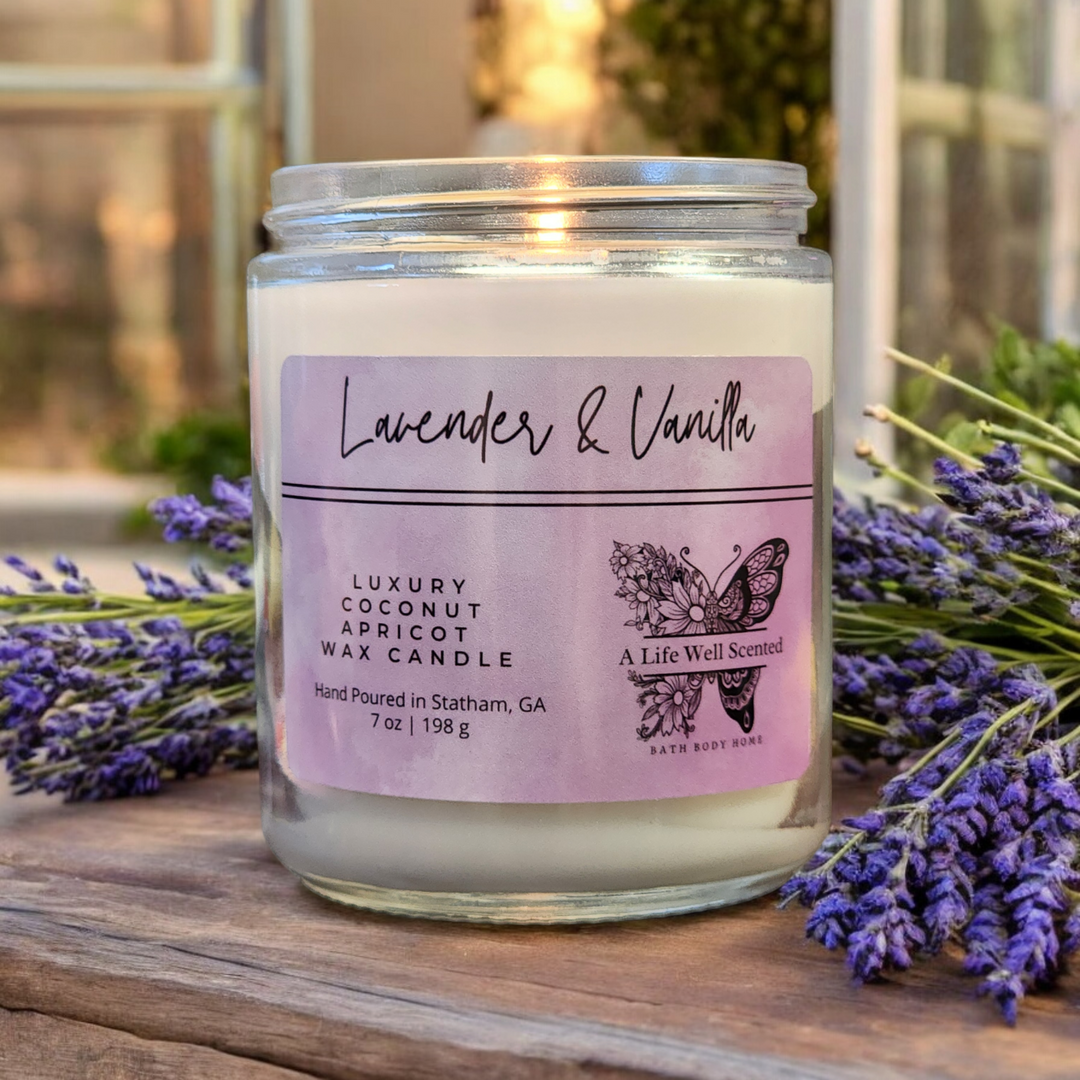 Lavender Vanilla Luxury Scented Candle featuring Coconut Apricot Wax