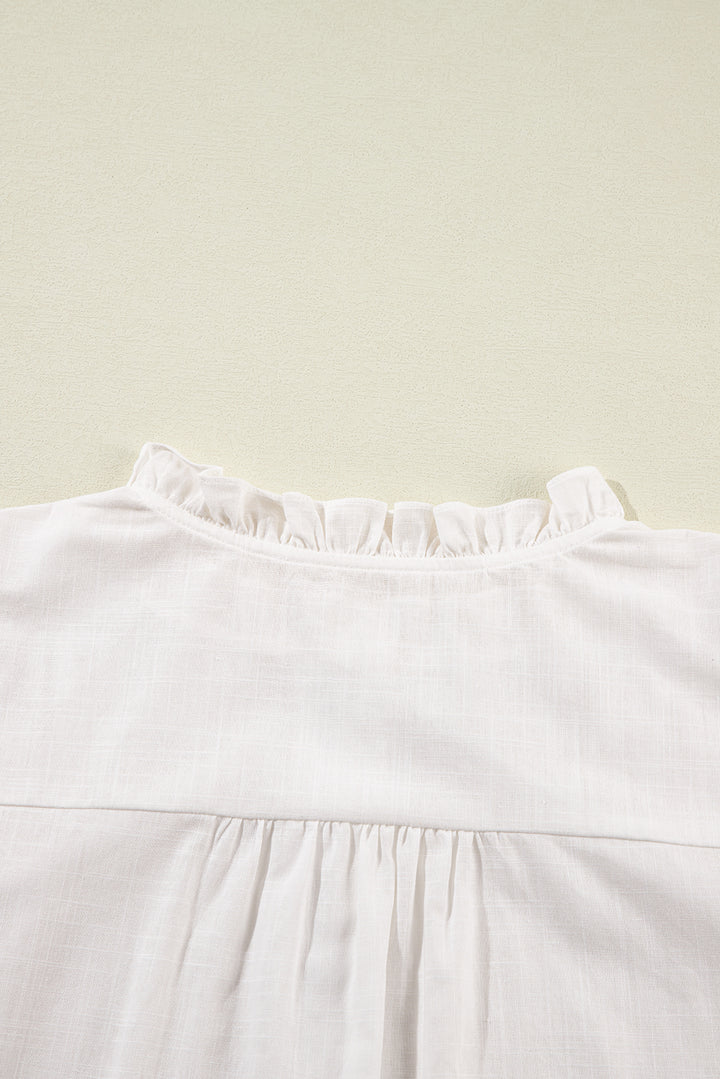 White Floral Embroidered Bracelet Sleeve Shirt
