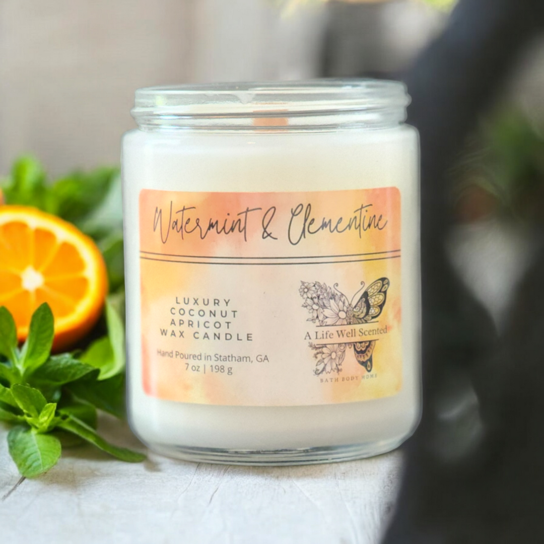 Watermint and Clementine Luxury Scented Candle featuring Coconut Apricot Wax