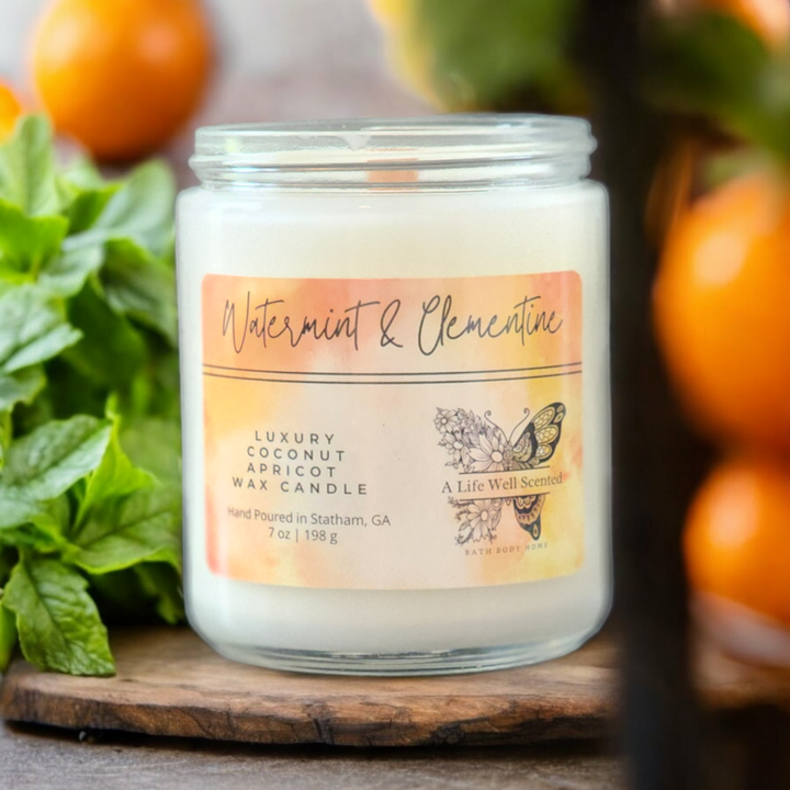 Watermint and Clementine Luxury Scented Candle featuring Coconut Apricot Wax