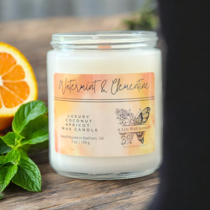 Watermint and Clementine Luxury Scented Candle featuring Coconut Apricot Wax